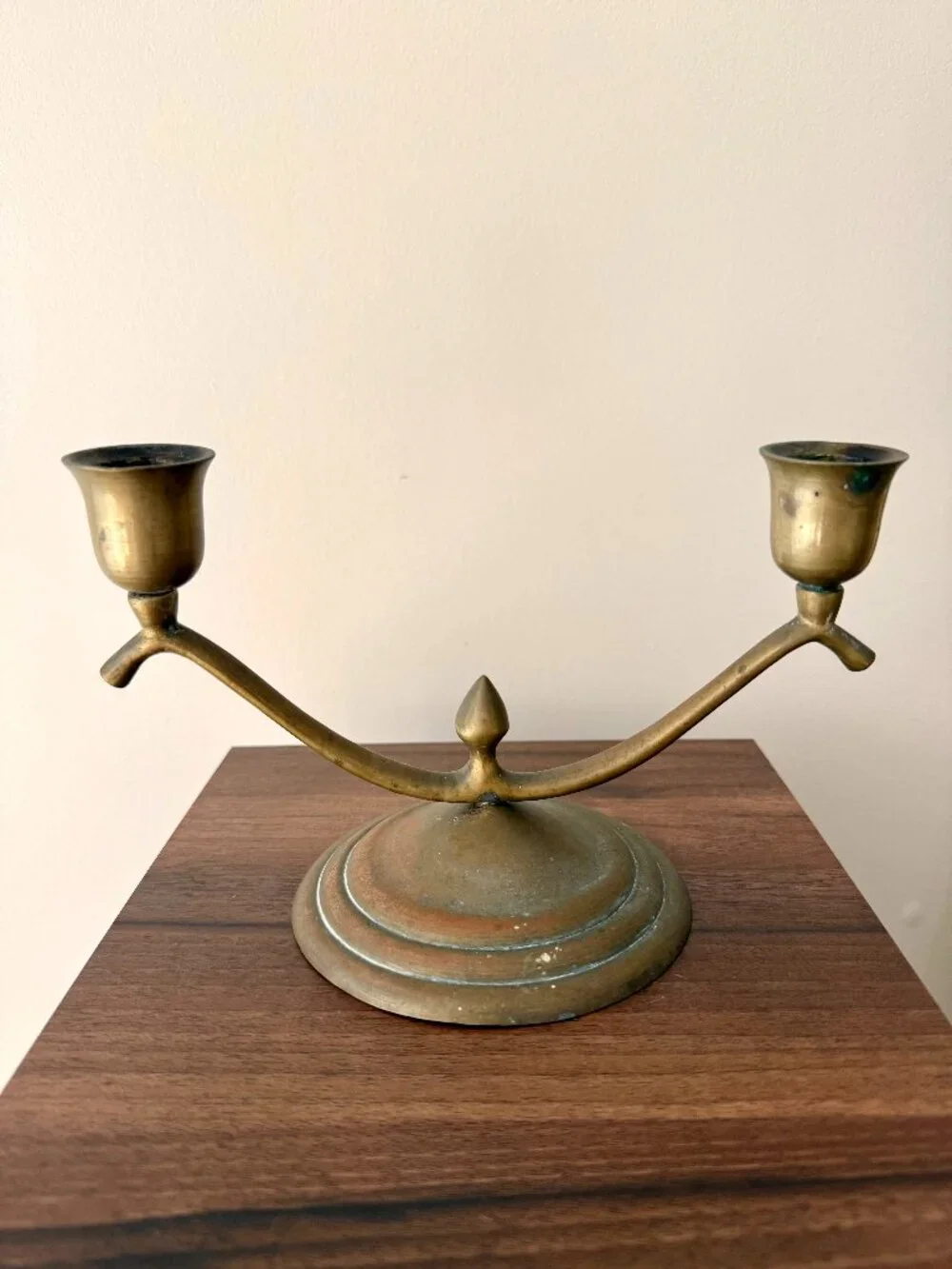 Vintage Antique Brass Double-Arm Candle Holder with Patina MCM